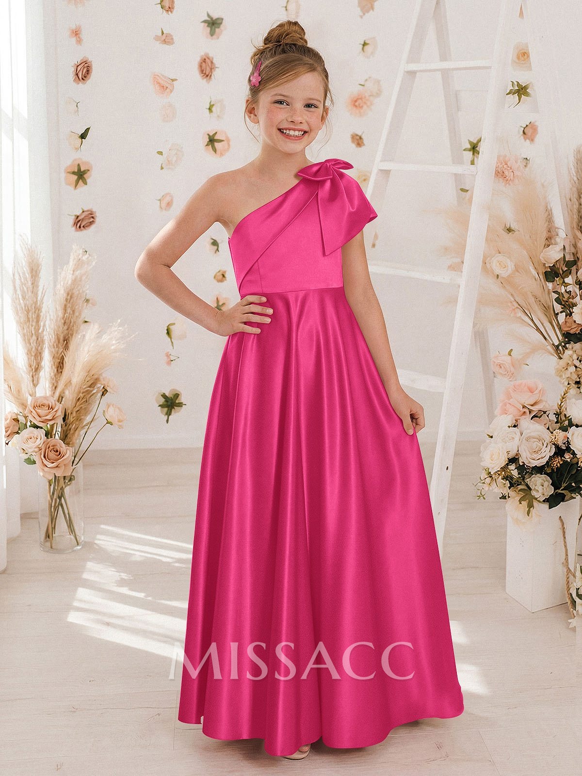 A-Line One-Shoulder Sleeveless Satin Junior Bridesmaid Dresses With Bow(s) A-Line One-Shoulder Sleeveless Satin Junior Bridesmaid Dresses With Bow(s)
