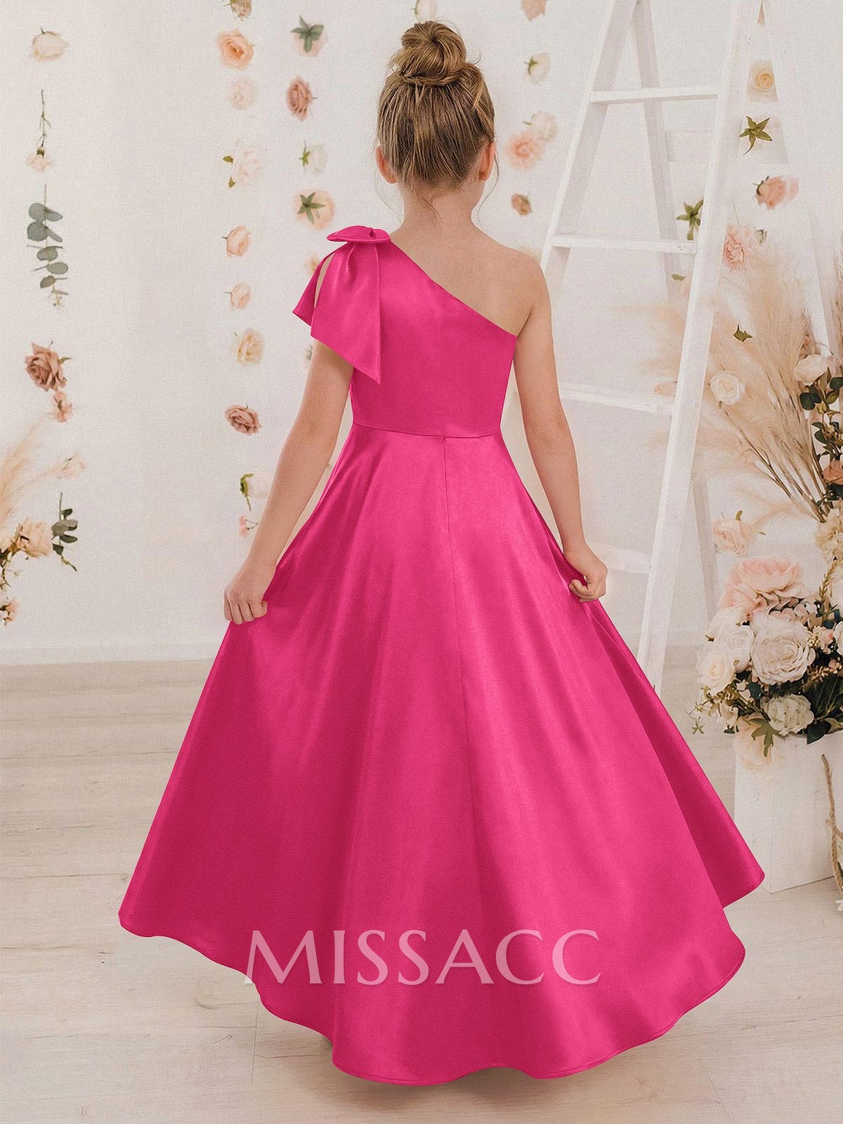 A-Line One-Shoulder Sleeveless Satin Junior Bridesmaid Dresses With Bow(s) A-Line One-Shoulder Sleeveless Satin Junior Bridesmaid Dresses With Bow(s)