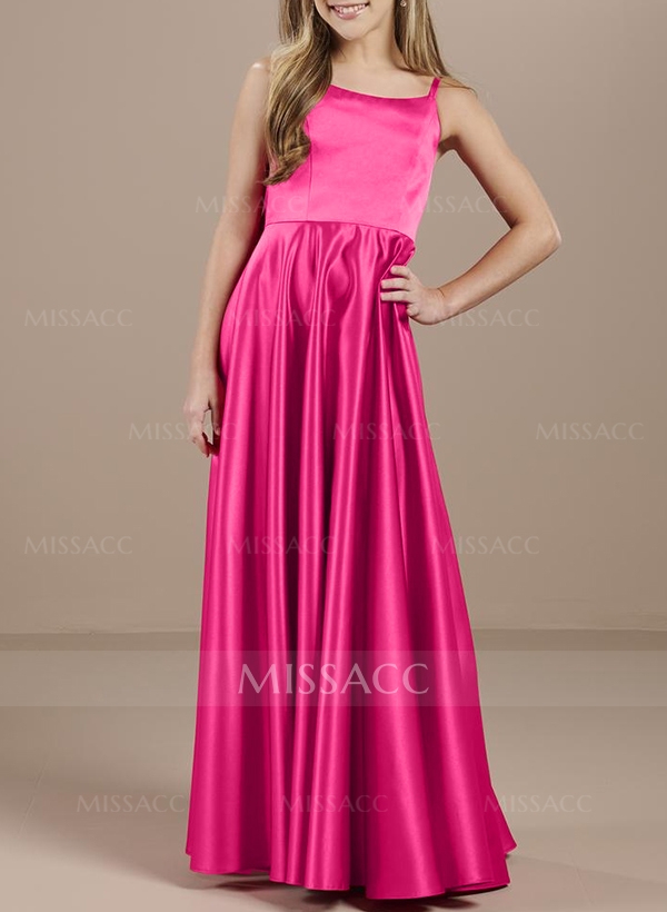 A-Line Square Neckline Sleeveless Satin Junior Bridesmaid Dresses With Bow(s)