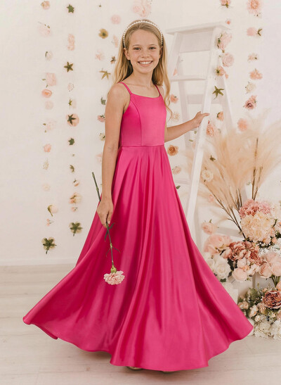 A-Line Square Neckline Sleeveless Satin Junior Bridesmaid Dresses With Bow(s)