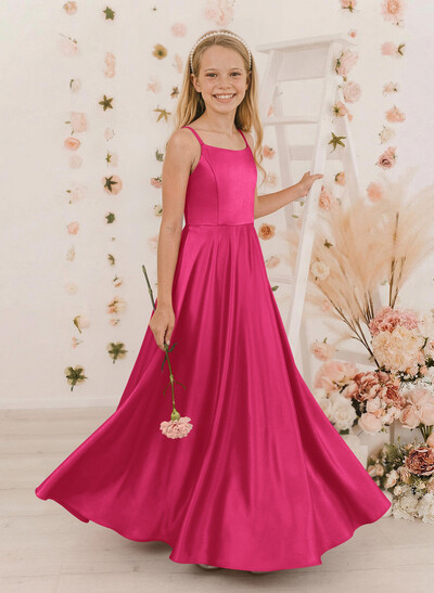 A-Line Square Neckline Sleeveless Satin Junior Bridesmaid Dresses With Bow(s)
