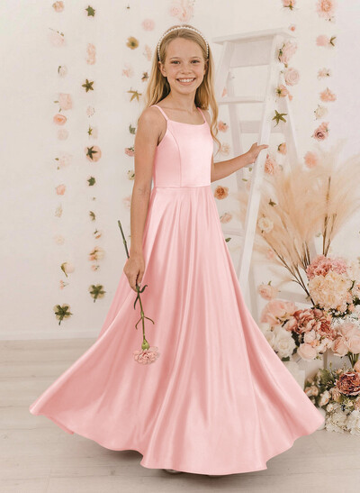 A-Line Square Neckline Sleeveless Satin Junior Bridesmaid Dresses With Bow(s)