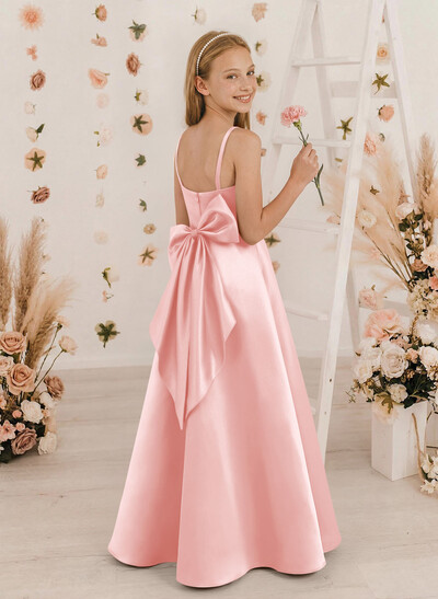 A-Line Square Neckline Sleeveless Satin Junior Bridesmaid Dresses With Bow(s)