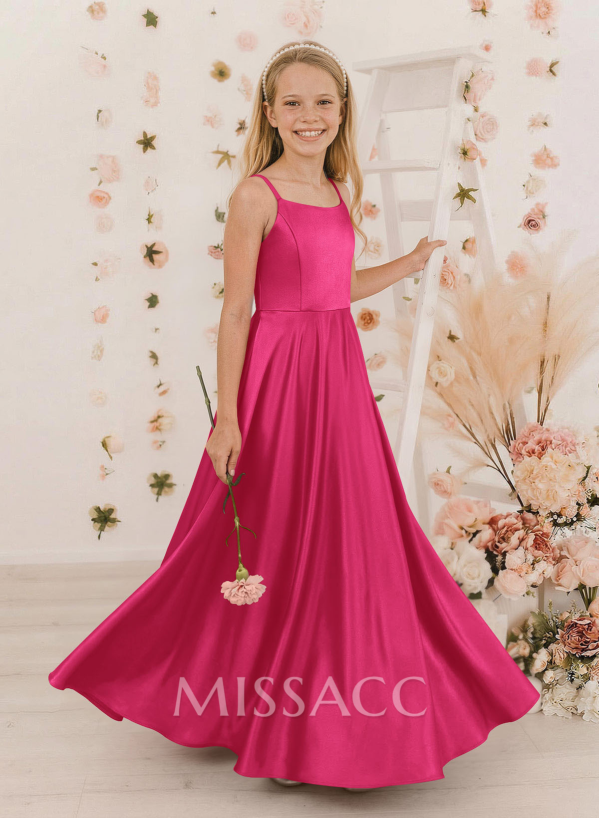 A-Line Square Neckline Sleeveless Satin Junior Bridesmaid Dresses With Bow(s)