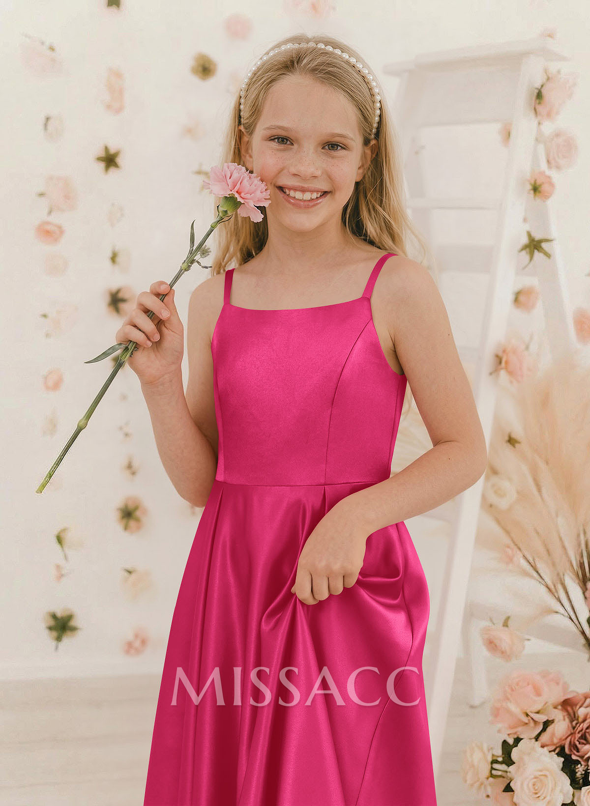 A-Line Square Neckline Sleeveless Satin Junior Bridesmaid Dresses With Bow(s)