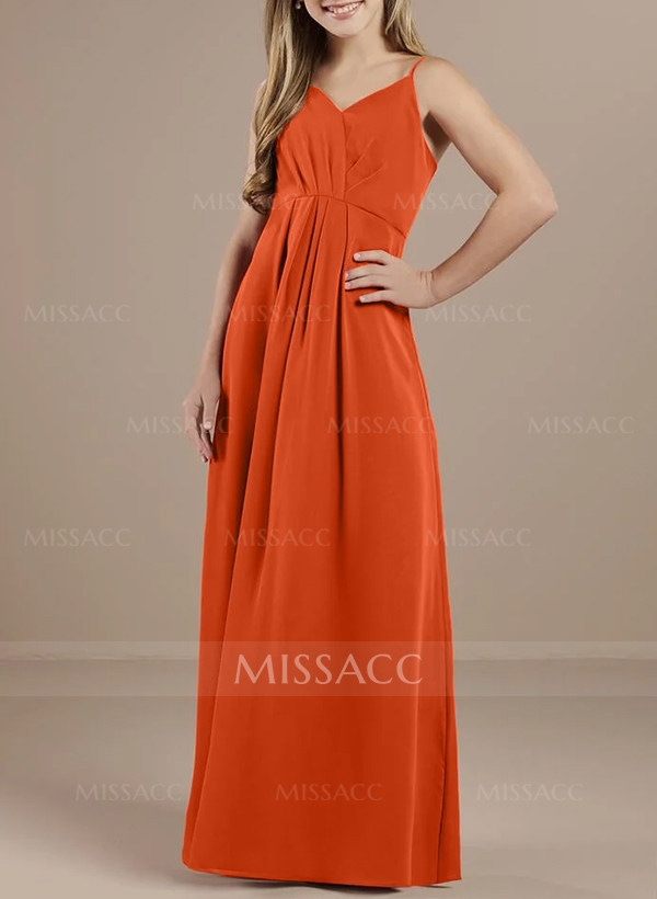 A-Line V-Neck Sleeveless Floor-Length Chiffon Junior Bridesmaid Dresses