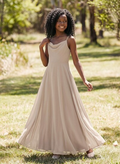 A-Line Cowl Neck Sleeveless Chiffon Junior Bridesmaid Dresses With Back Hole
