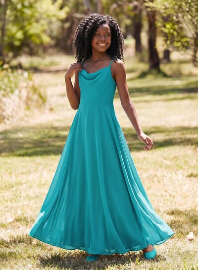 A-Line Cowl Neck Sleeveless Chiffon Junior Bridesmaid Dresses With Back Hole