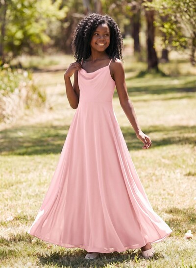 A-Line Cowl Neck Sleeveless Chiffon Junior Bridesmaid Dresses With Back Hole