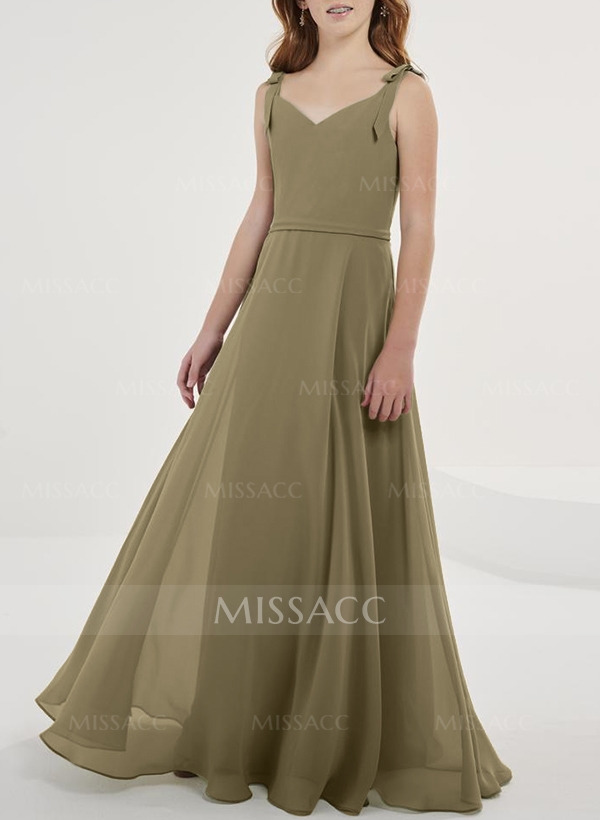 A-Line V-Neck Sleeveless Chiffon Junior Bridesmaid Dresses With Bow(s)