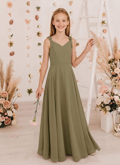 A-Line V-Neck Sleeveless Chiffon Junior Bridesmaid Dresses With Bow(s)