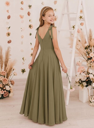 A-Line V-Neck Sleeveless Chiffon Junior Bridesmaid Dresses With Bow(s)