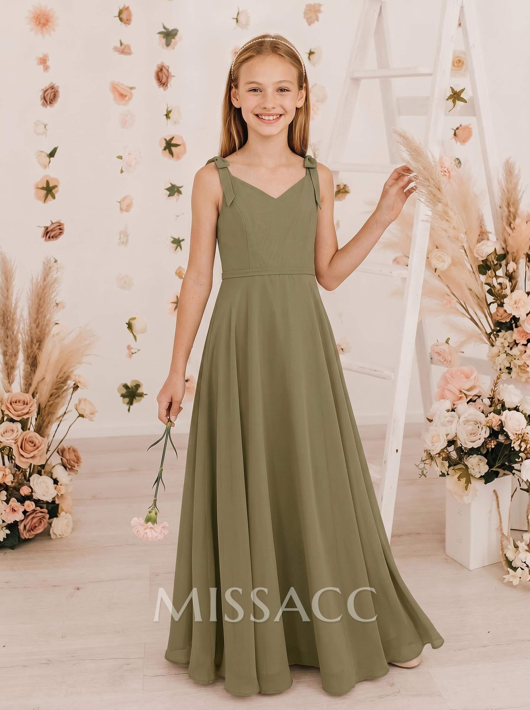 A-Line V-Neck Sleeveless Chiffon Junior Bridesmaid Dresses With Bow(s) A-Line V-Neck Sleeveless Chiffon Junior Bridesmaid Dresses With Bow(s)