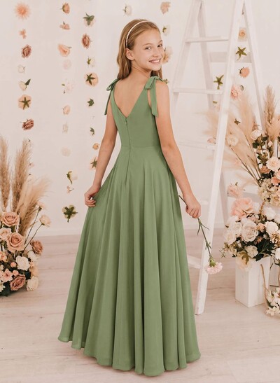 A-Line V-Neck Sleeveless Chiffon Junior Bridesmaid Dresses With Bow(s)