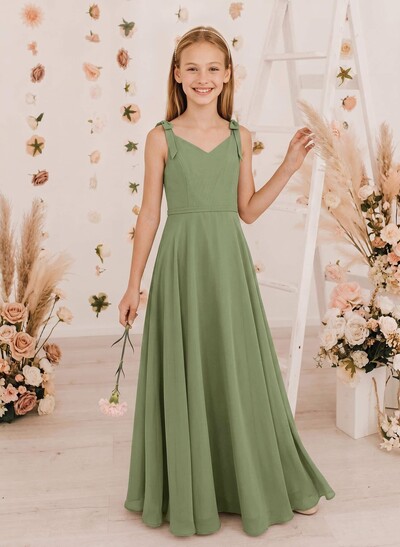 A-Line V-Neck Sleeveless Chiffon Junior Bridesmaid Dresses With Bow(s)