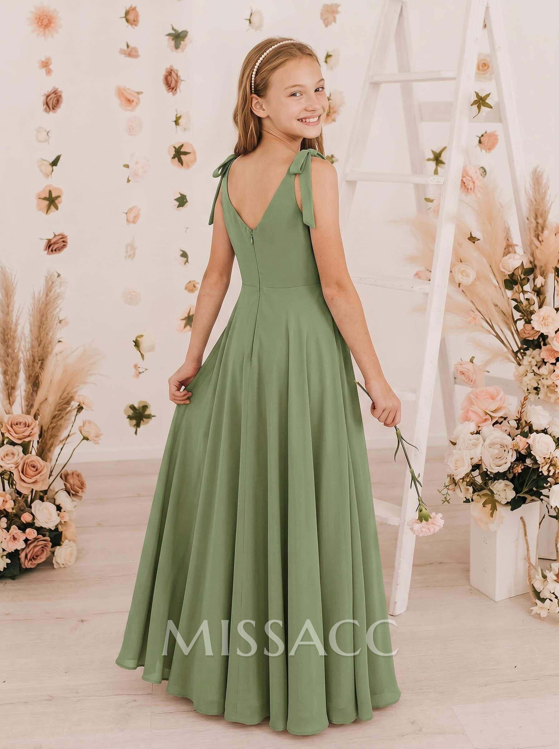 A-Line V-Neck Sleeveless Chiffon Junior Bridesmaid Dresses With Bow(s)