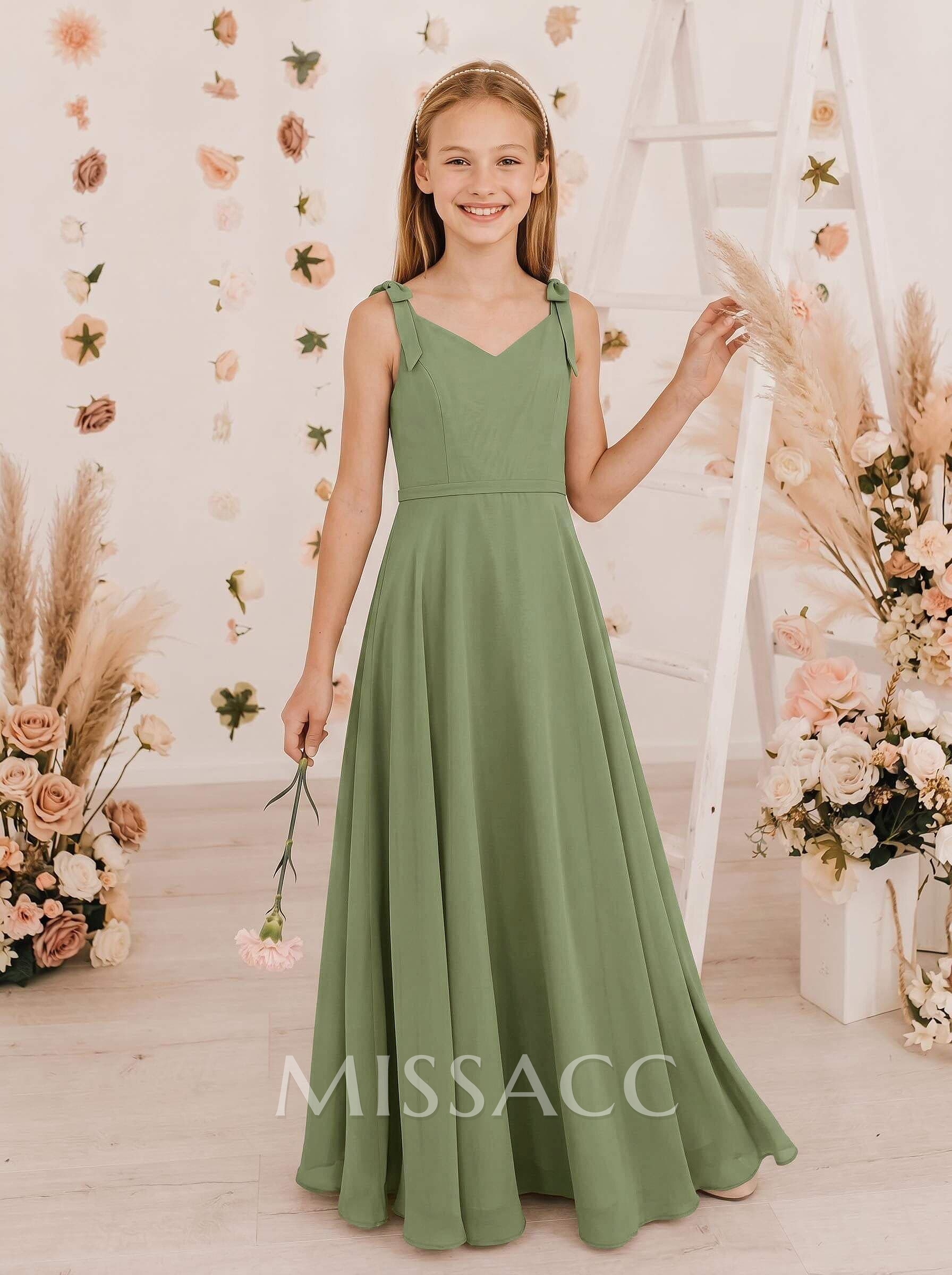 A-Line V-Neck Sleeveless Chiffon Junior Bridesmaid Dresses With Bow(s)
