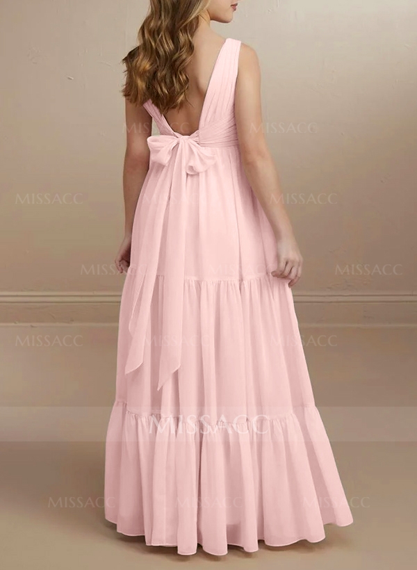 A-Line V-Neck Sleeveless Chiffon Junior Bridesmaid Dresses With Bow(s)