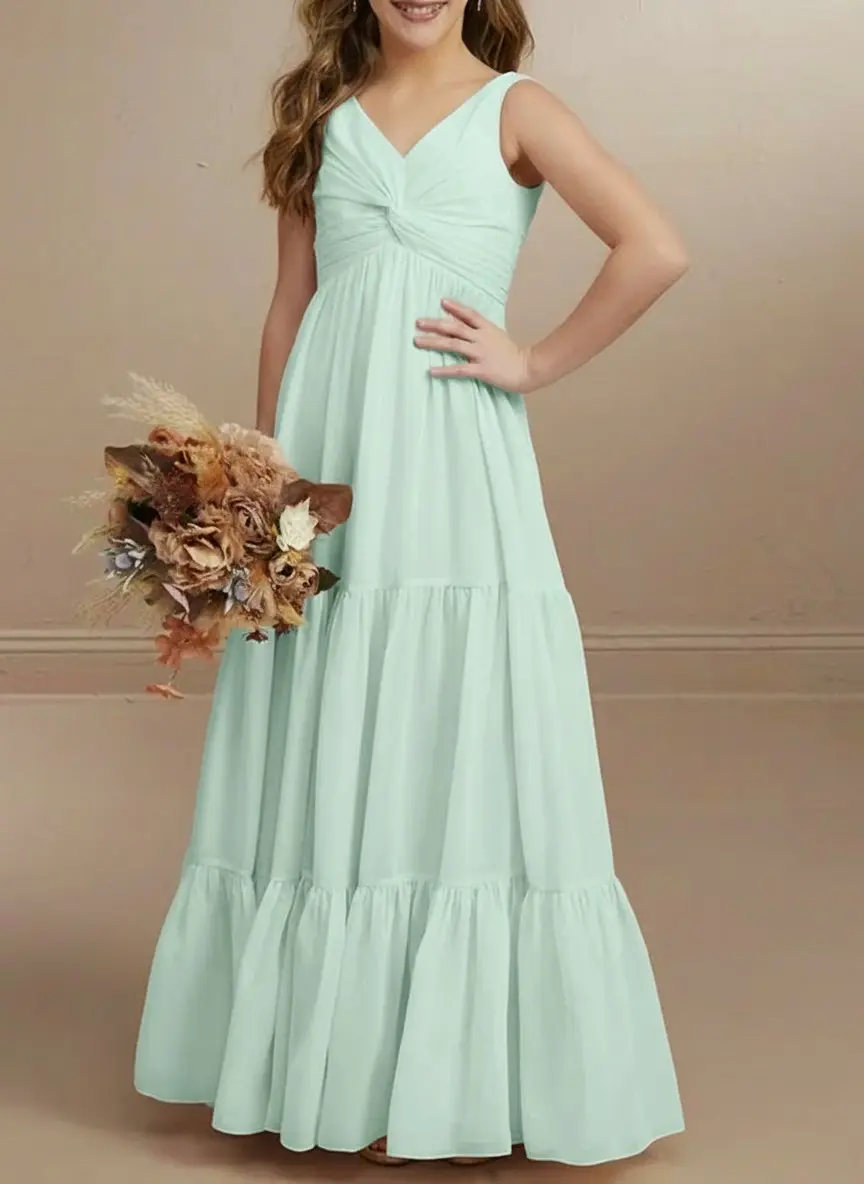 A-Line V-Neck Sleeveless Chiffon Junior Bridesmaid Dresses With Bow(s)  $80