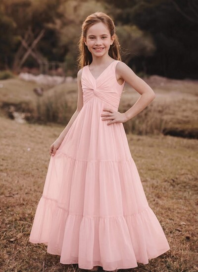 A-Line V-Neck Sleeveless Chiffon Junior Bridesmaid Dresses With Bow(s)