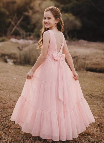 A-Line V-Neck Sleeveless Chiffon Junior Bridesmaid Dresses With Bow(s)