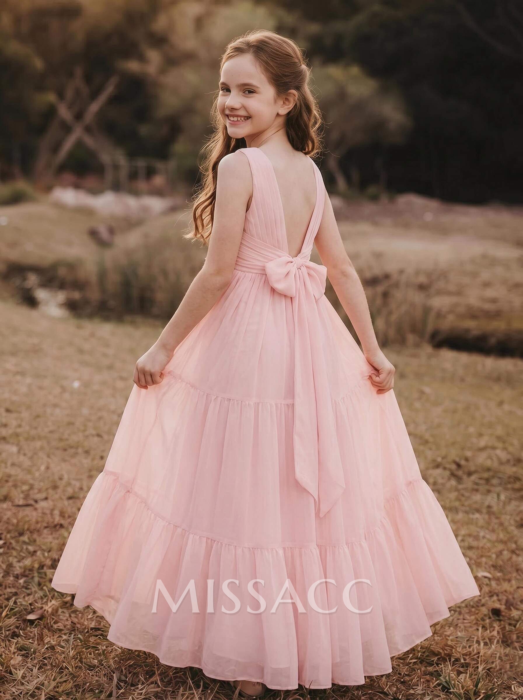 A-Line V-Neck Sleeveless Chiffon Junior Bridesmaid Dresses With Bow(s) A-Line V-Neck Sleeveless Chiffon Junior Bridesmaid Dresses With Bow(s)