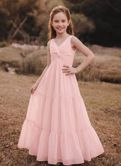 A-Line V-Neck Sleeveless Chiffon Junior Bridesmaid Dresses With Bow(s)