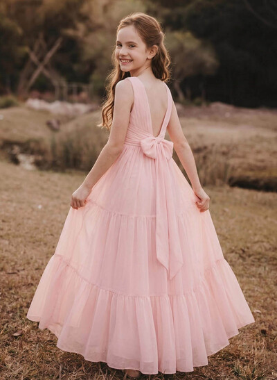 A-Line V-Neck Sleeveless Chiffon Junior Bridesmaid Dresses With Bow(s)