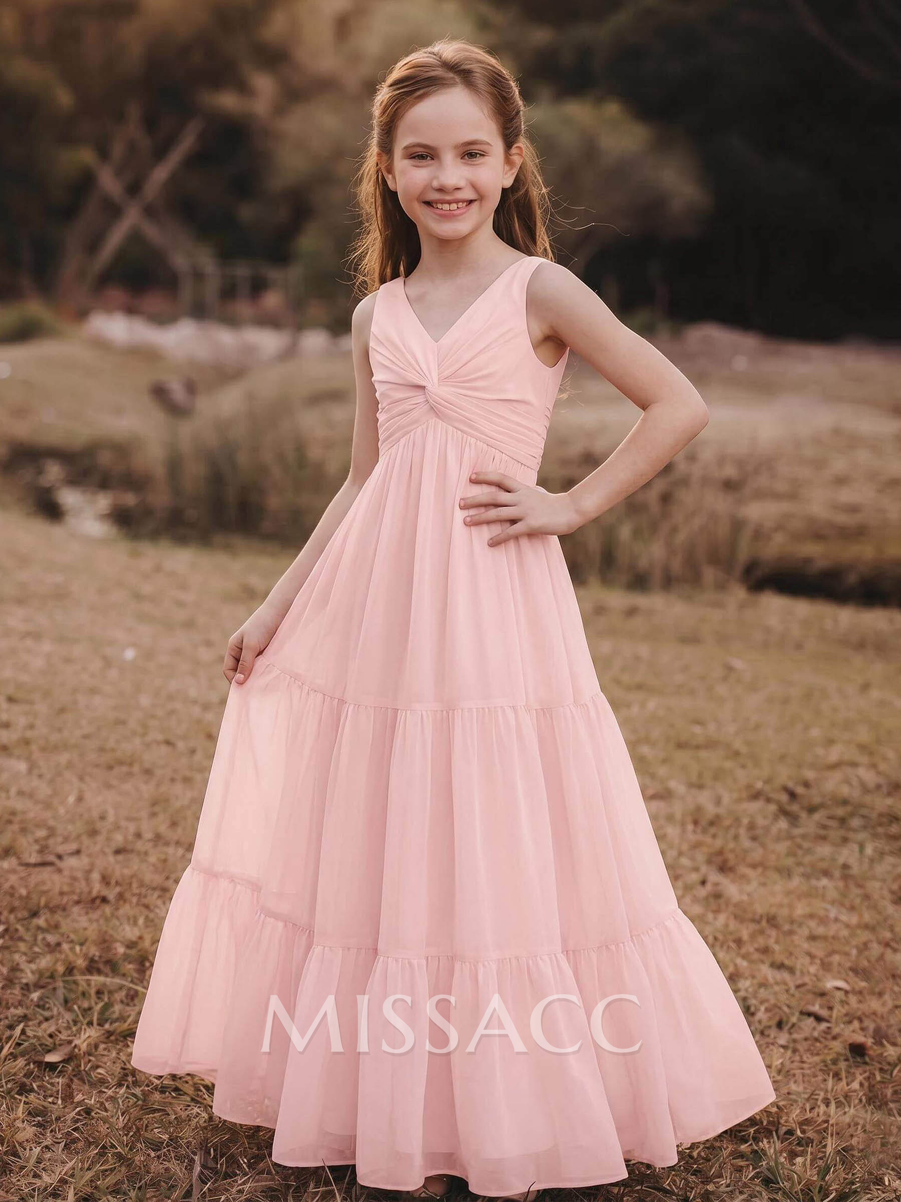 A-Line V-Neck Sleeveless Chiffon Junior Bridesmaid Dresses With Bow(s)