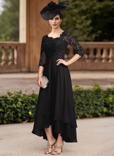 A-Line Asymmetrical Chiffon Mother Of The Bride Dresses With Appliques Lace