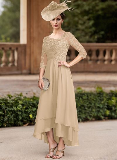 A-Line Asymmetrical Chiffon Mother Of The Bride Dresses With Appliques Lace