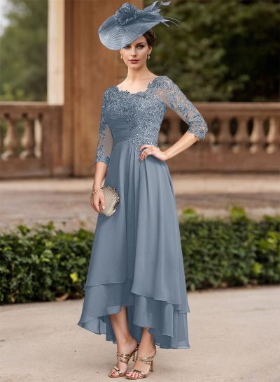 A-Line Asymmetrical Chiffon Mother Of The Bride Dresses With Appliques Lace