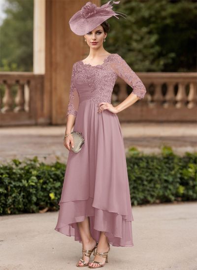 A-Line Asymmetrical Chiffon Mother Of The Bride Dresses With Appliques Lace