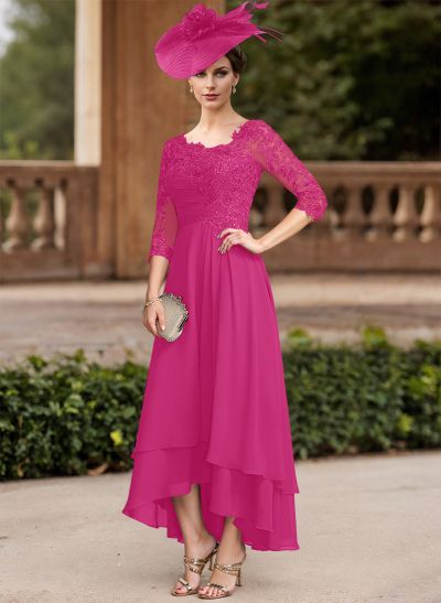 A-Line Asymmetrical Chiffon Mother Of The Bride Dresses With Appliques Lace