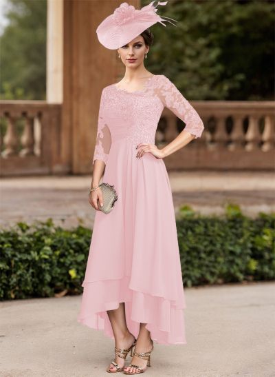 A-Line Asymmetrical Chiffon Mother Of The Bride Dresses With Appliques Lace