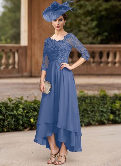 A-Line Asymmetrical Chiffon Mother Of The Bride Dresses With Appliques Lace