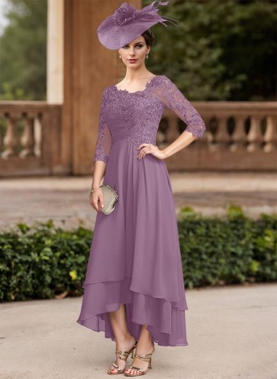 A-Line Asymmetrical Chiffon Mother Of The Bride Dresses With Appliques Lace