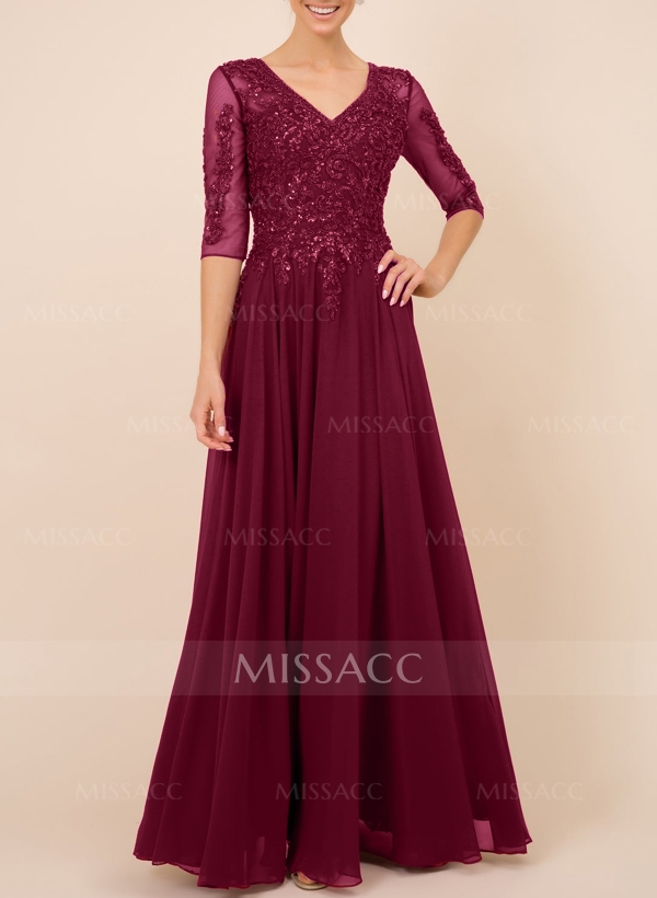 A-Line V-Neck Chiffon Mother Of The Bride Dresses With Appliques Lace