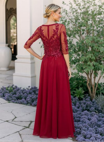 A-Line V-Neck Chiffon Mother Of The Bride Dresses With Appliques Lace