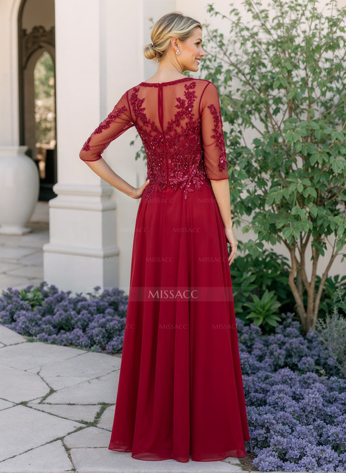 A-Line V-Neck Chiffon Mother Of The Bride Dresses With Appliques Lace