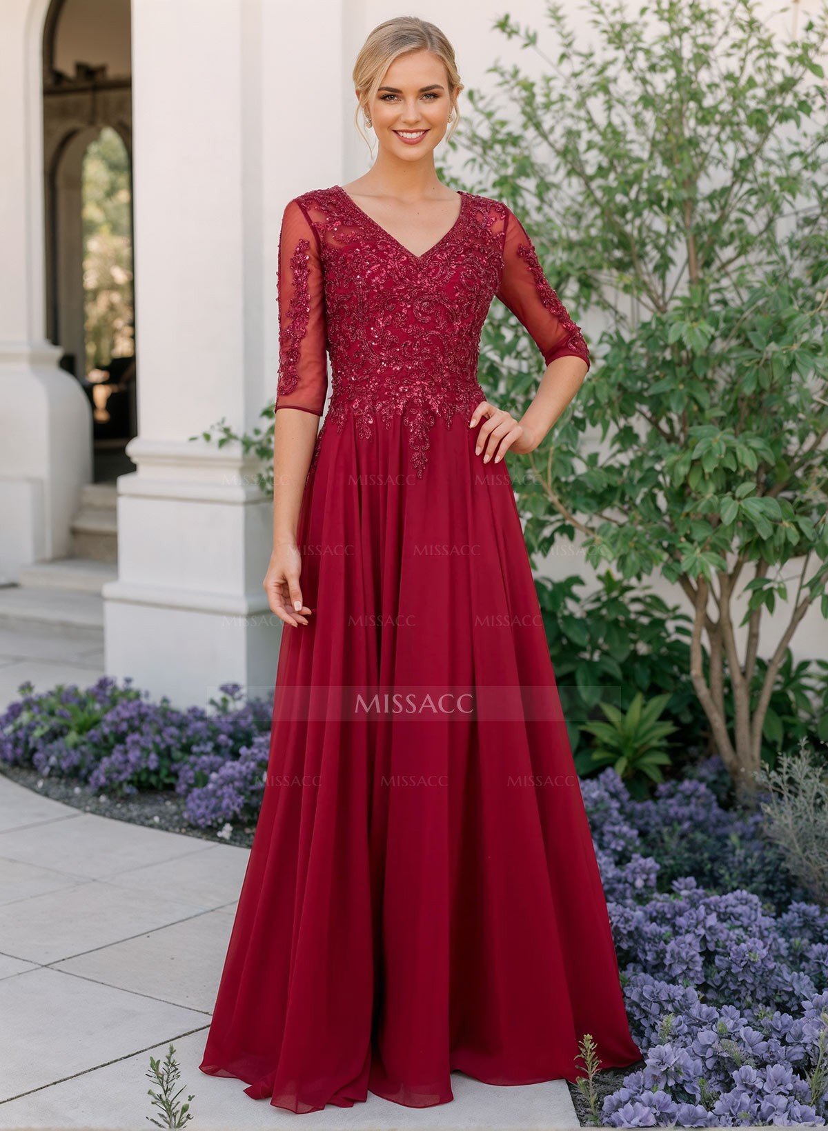 A-Line V-Neck Chiffon Mother Of The Bride Dresses With Appliques Lace