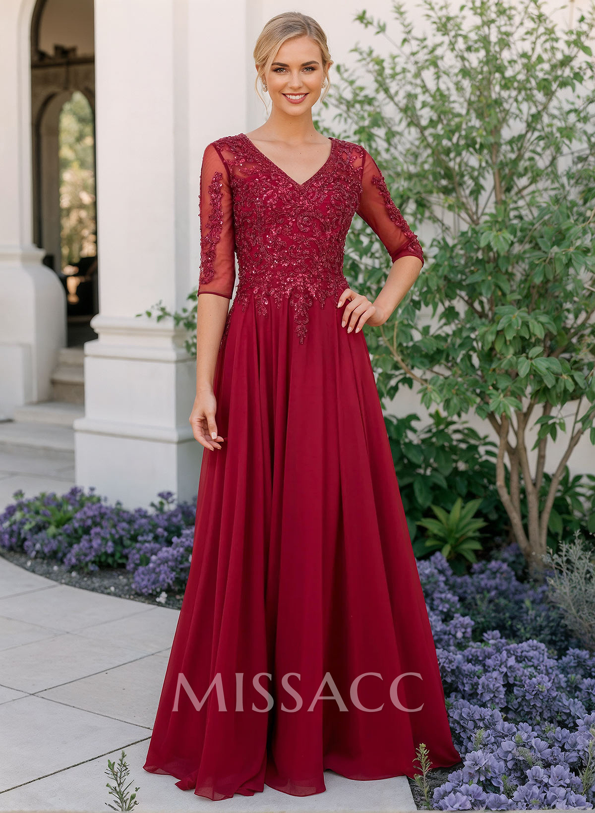 A-Line V-Neck Chiffon Mother Of The Bride Dresses With Appliques Lace