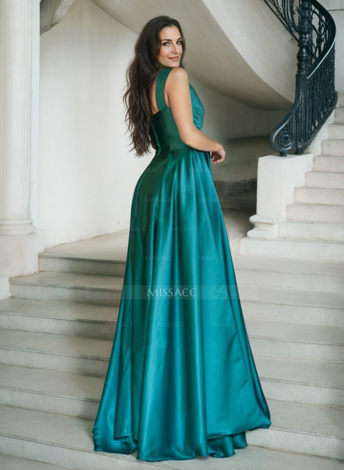 A-Line One-Shoulder Sleeveless Sweep Train Satin Mother Of The Bride Dresses