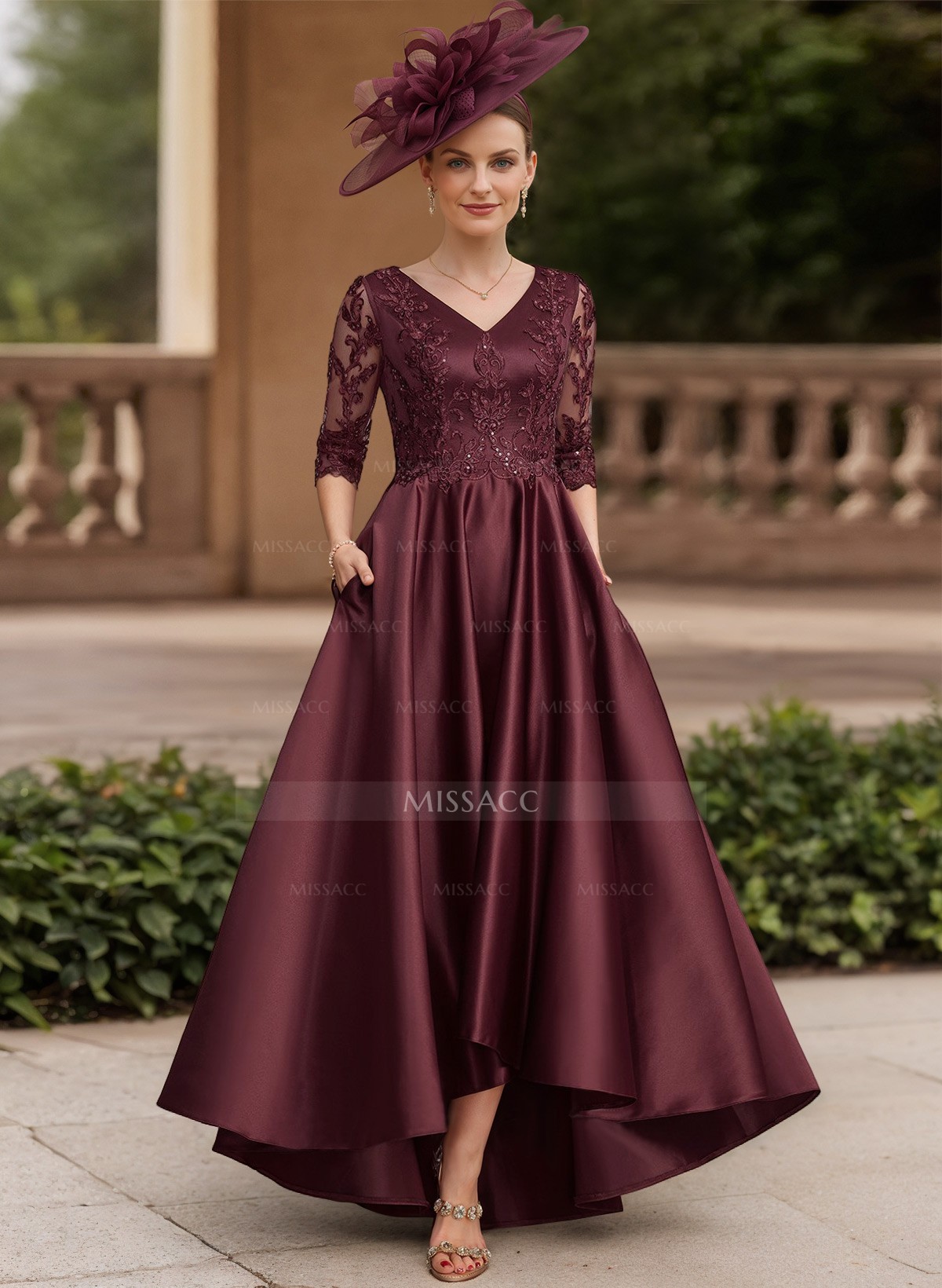 A-Line V-Neck 3/4 Sleeves Satin Mother Of The Bride Dresses With Lace