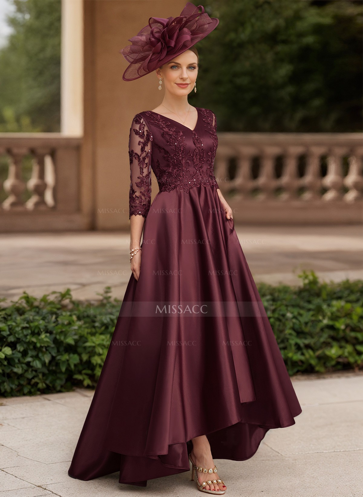 A-Line V-Neck 3/4 Sleeves Satin Mother Of The Bride Dresses With Lace