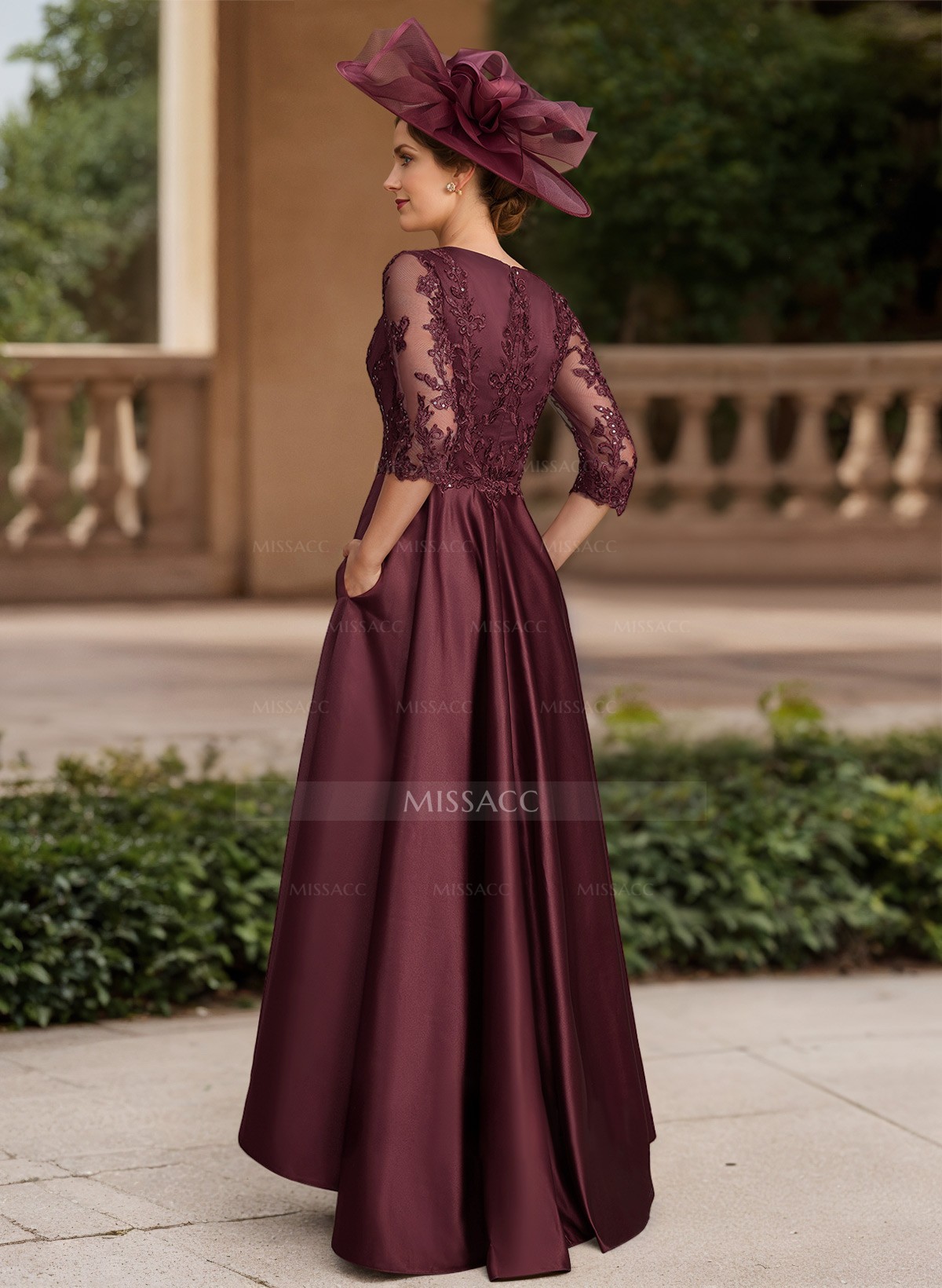 A-Line V-Neck 3/4 Sleeves Satin Mother Of The Bride Dresses With Lace