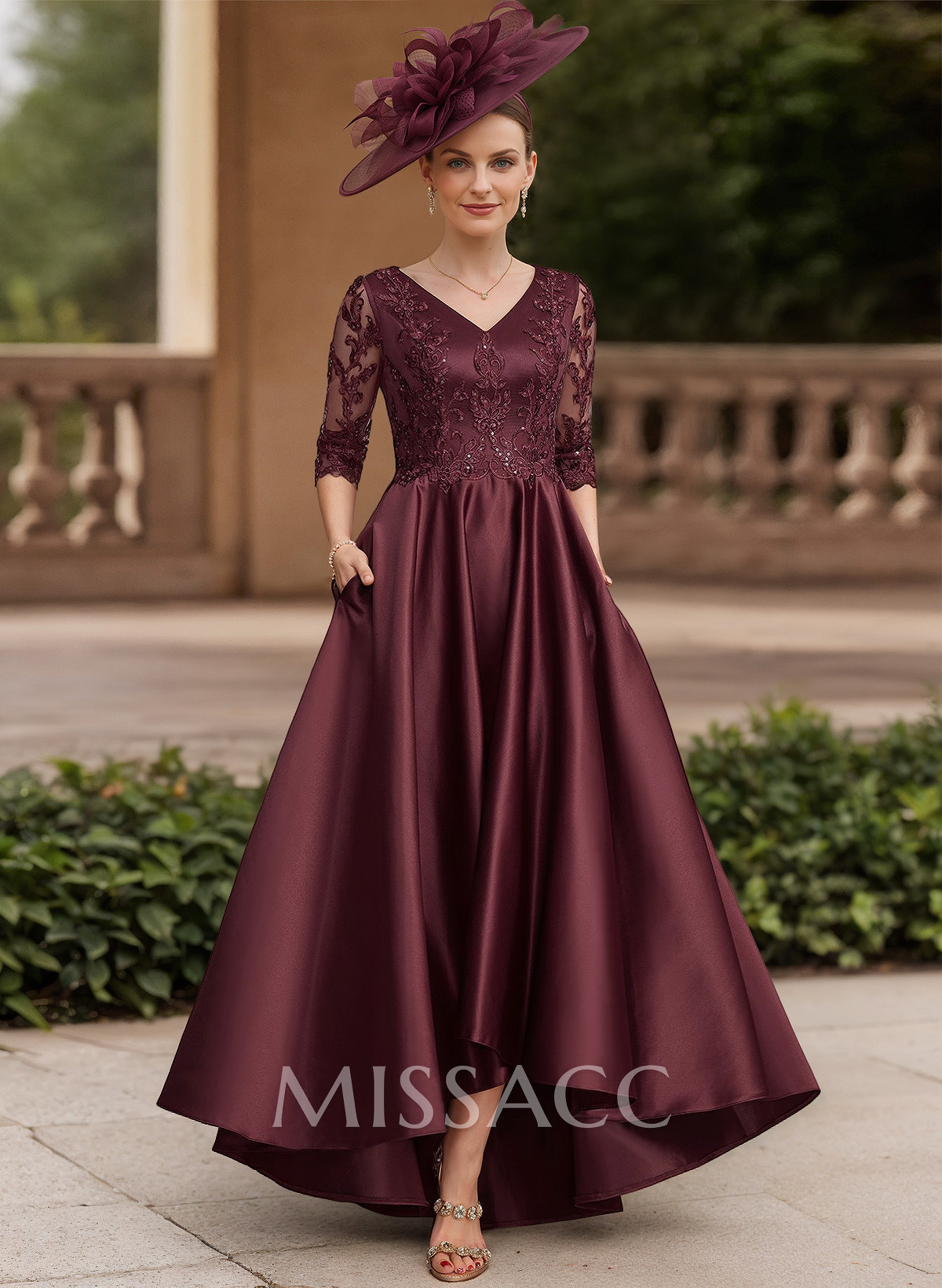 A-Line V-Neck 3/4 Sleeves Satin Mother Of The Bride Dresses With Lace