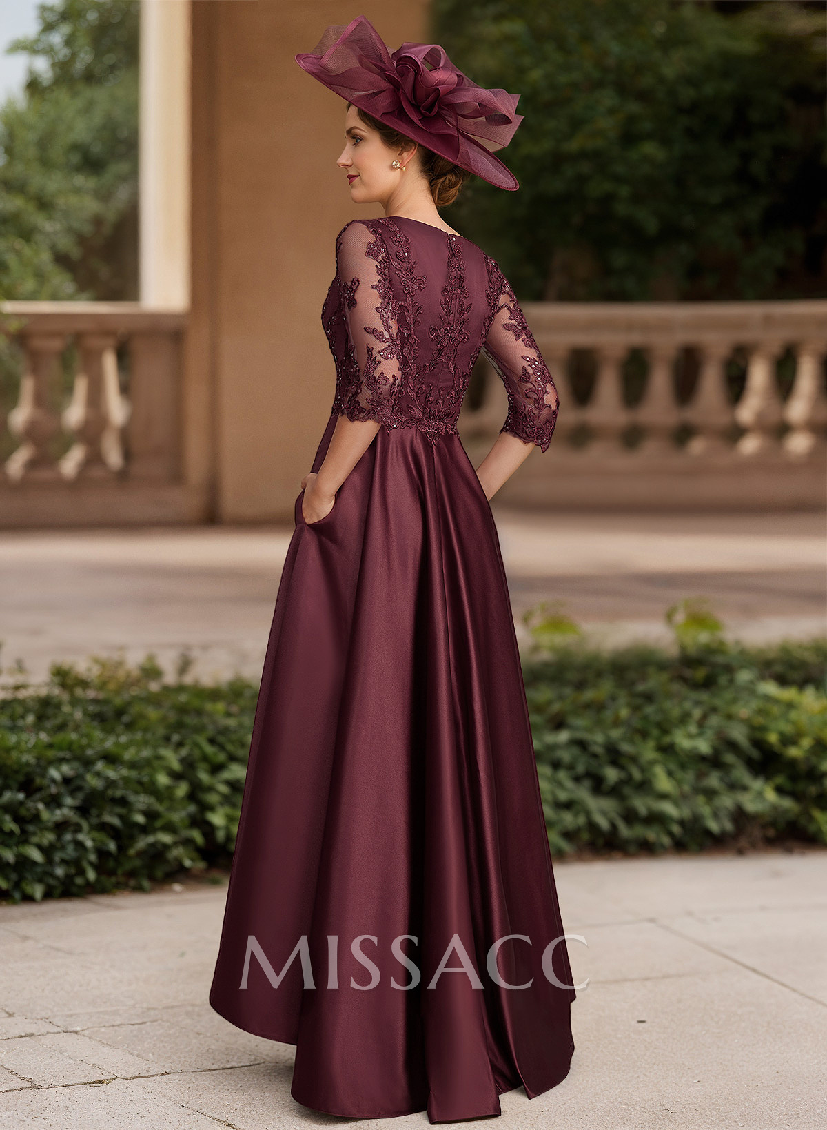 A-Line V-Neck 3/4 Sleeves Satin Mother Of The Bride Dresses With Lace