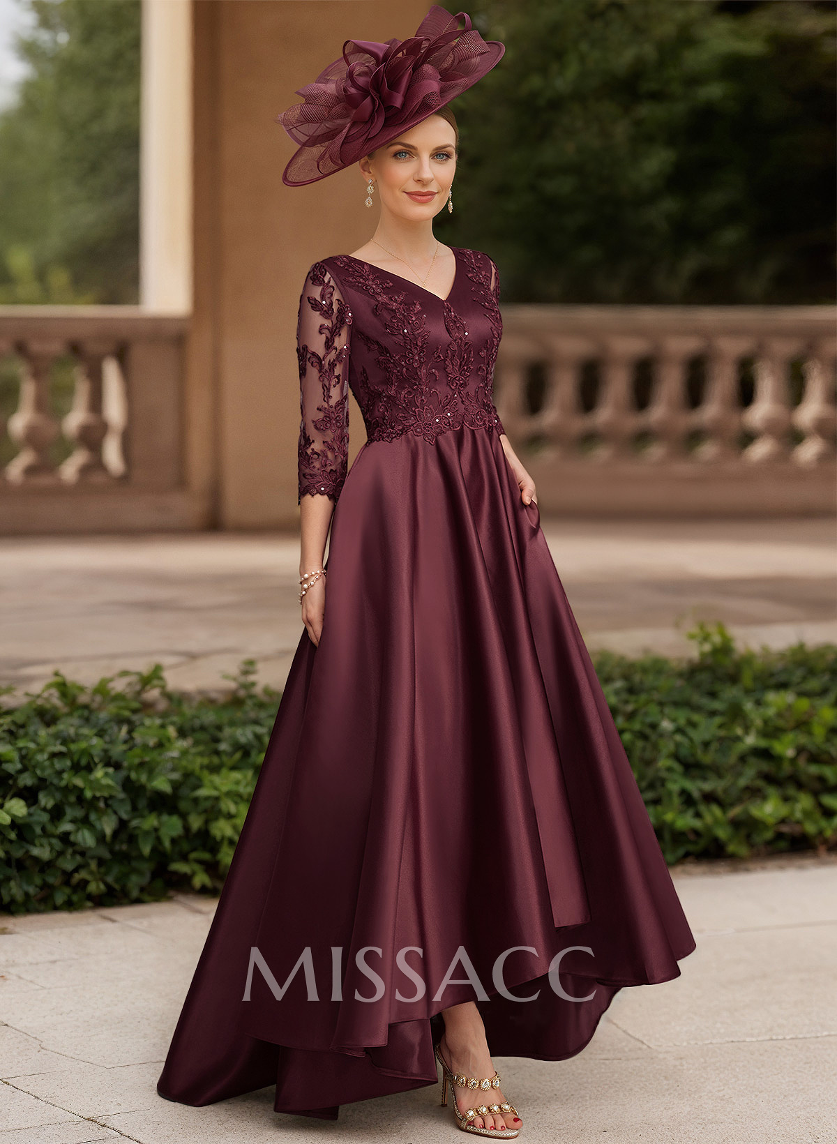 A-Line V-Neck 3/4 Sleeves Satin Mother Of The Bride Dresses With Lace
