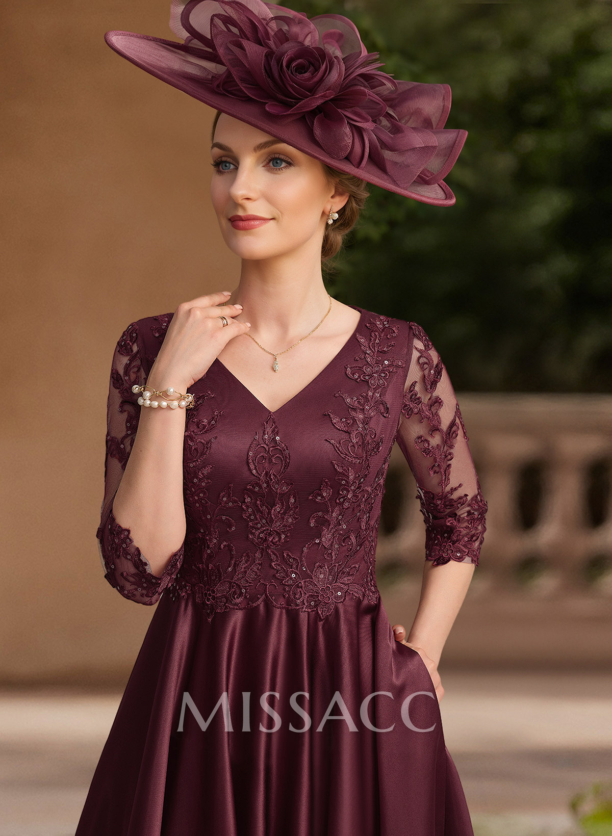 A-Line V-Neck 3/4 Sleeves Satin Mother Of The Bride Dresses With Lace